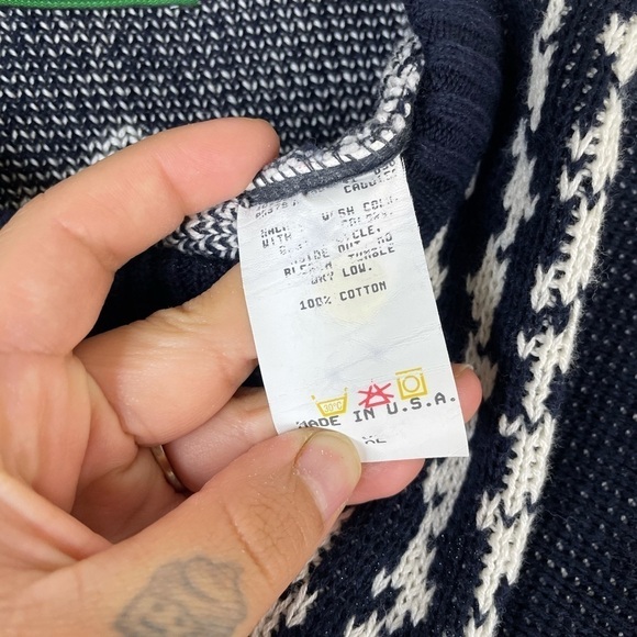 Vintage Jantzen Made in USA Blue Hexagon Pattern Cotton Grandpa Sweater - Picture 5 of 6